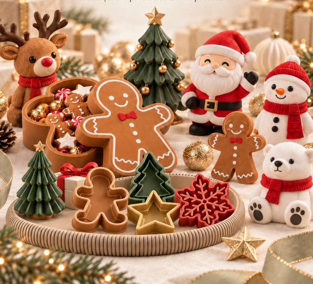 Coleção de Natal Encantaria: renas, Papai Noel, bonecos de neve, árvores e porta-doces em uma mesa natalina